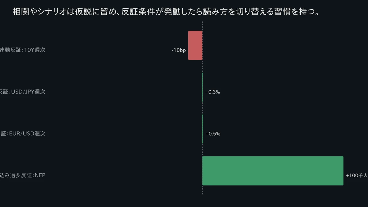仮説・反証条件・観測指標・期日の4列で構成された反証チェックリスト表